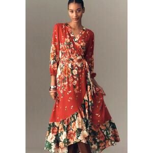 Farm Rio Long-sleeve Floral wrap midi dress